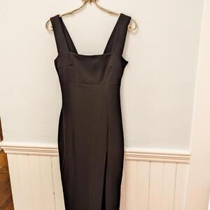 Nast Gal black, square neck, high slit maxi dress.